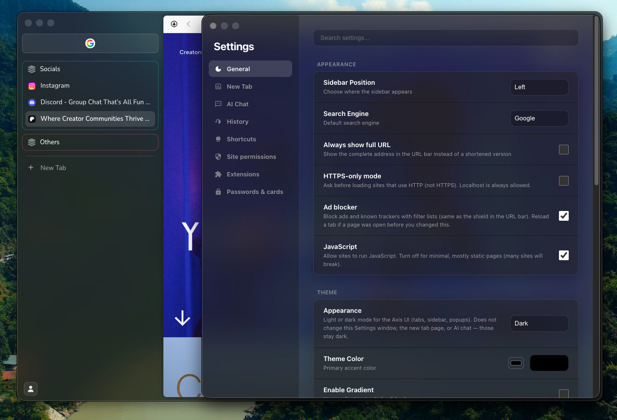 Axis Browser settings with sidebar, privacy options, and theme controls